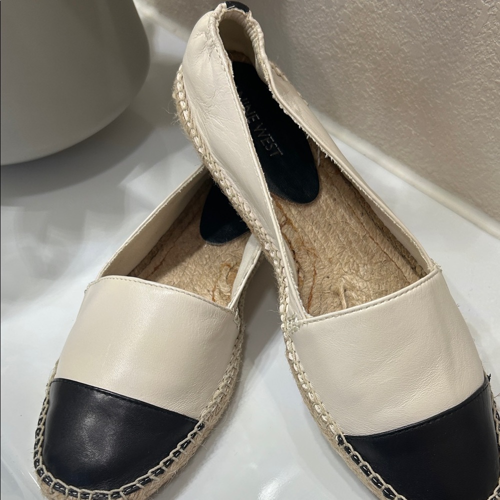 Nine West Black and Cream Leather Espadrilles